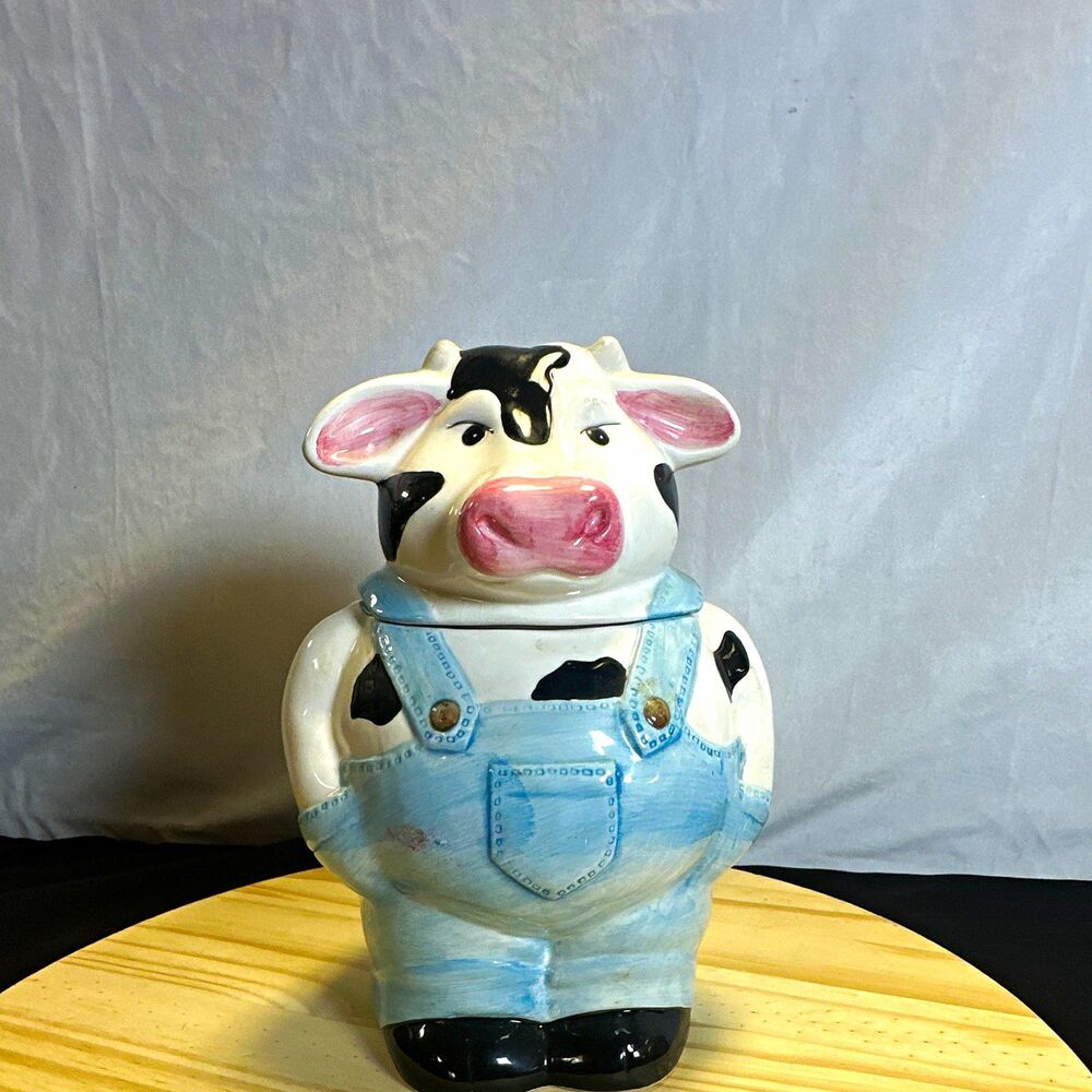 Ceramic Cow Planter Figurine in Blue Overalls, Glossy Animal Print